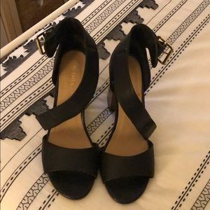 black wood block ankle strap heels